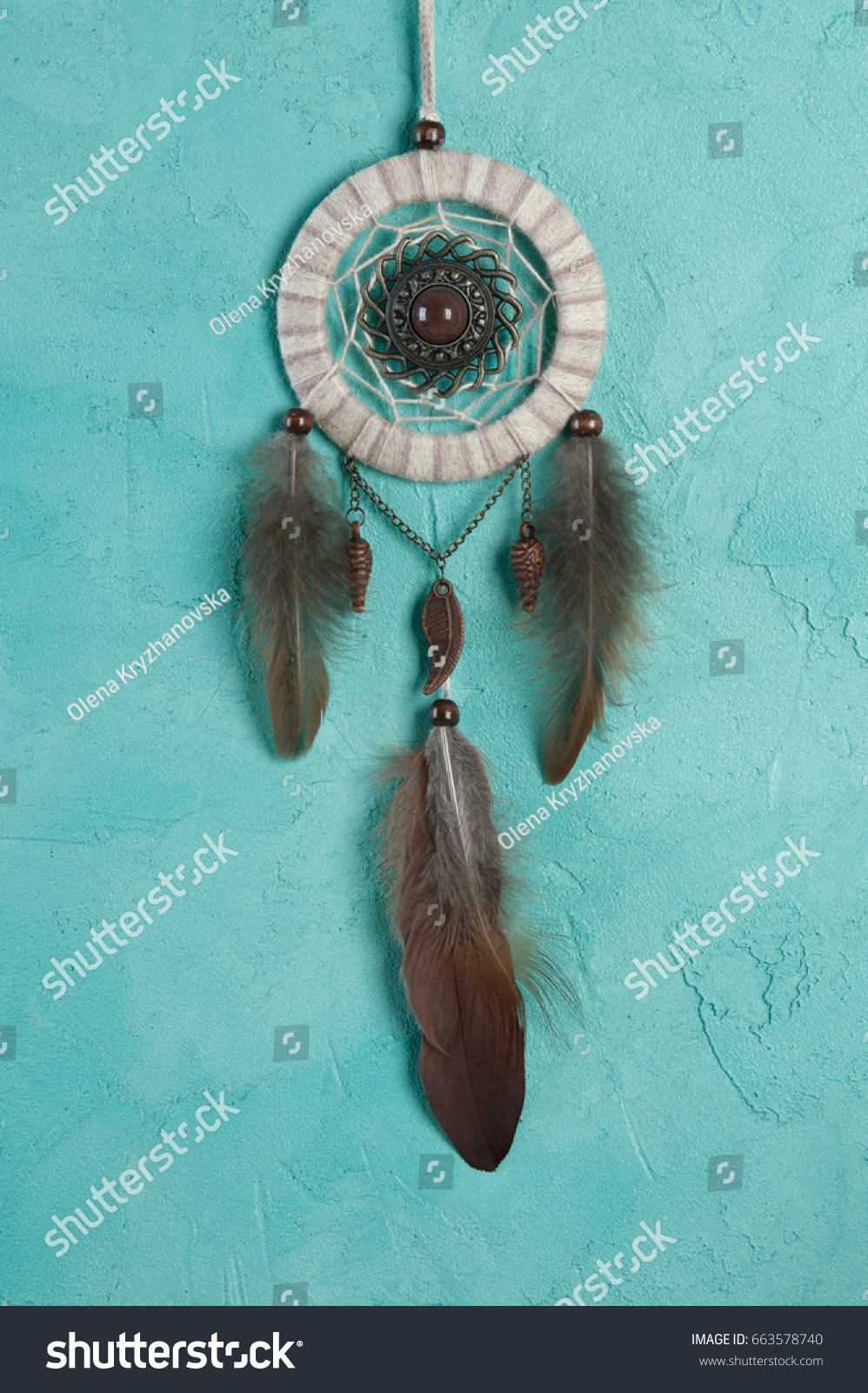 Beige Brown Dream Catcher On Aquamarine Stock Photo Edit