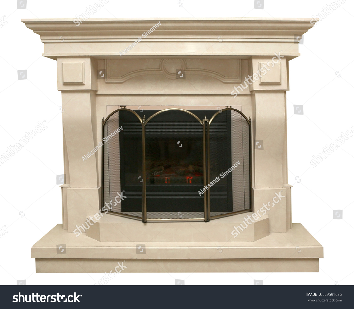 Beige Fireplace Made Artificial Stone Isolated Objects