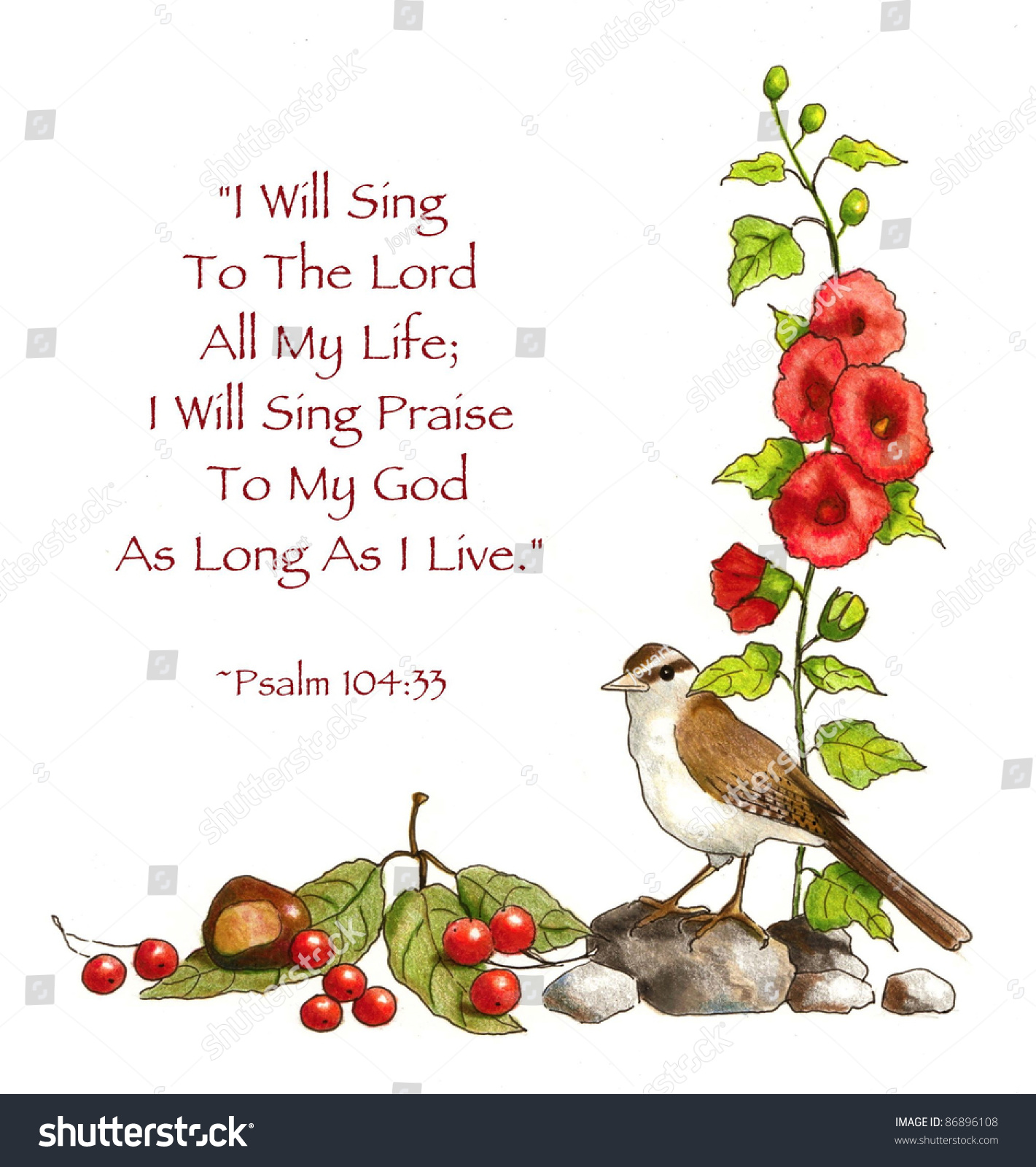 Bible Verse Psalms Drawing Flowers Bird Stock Illustration