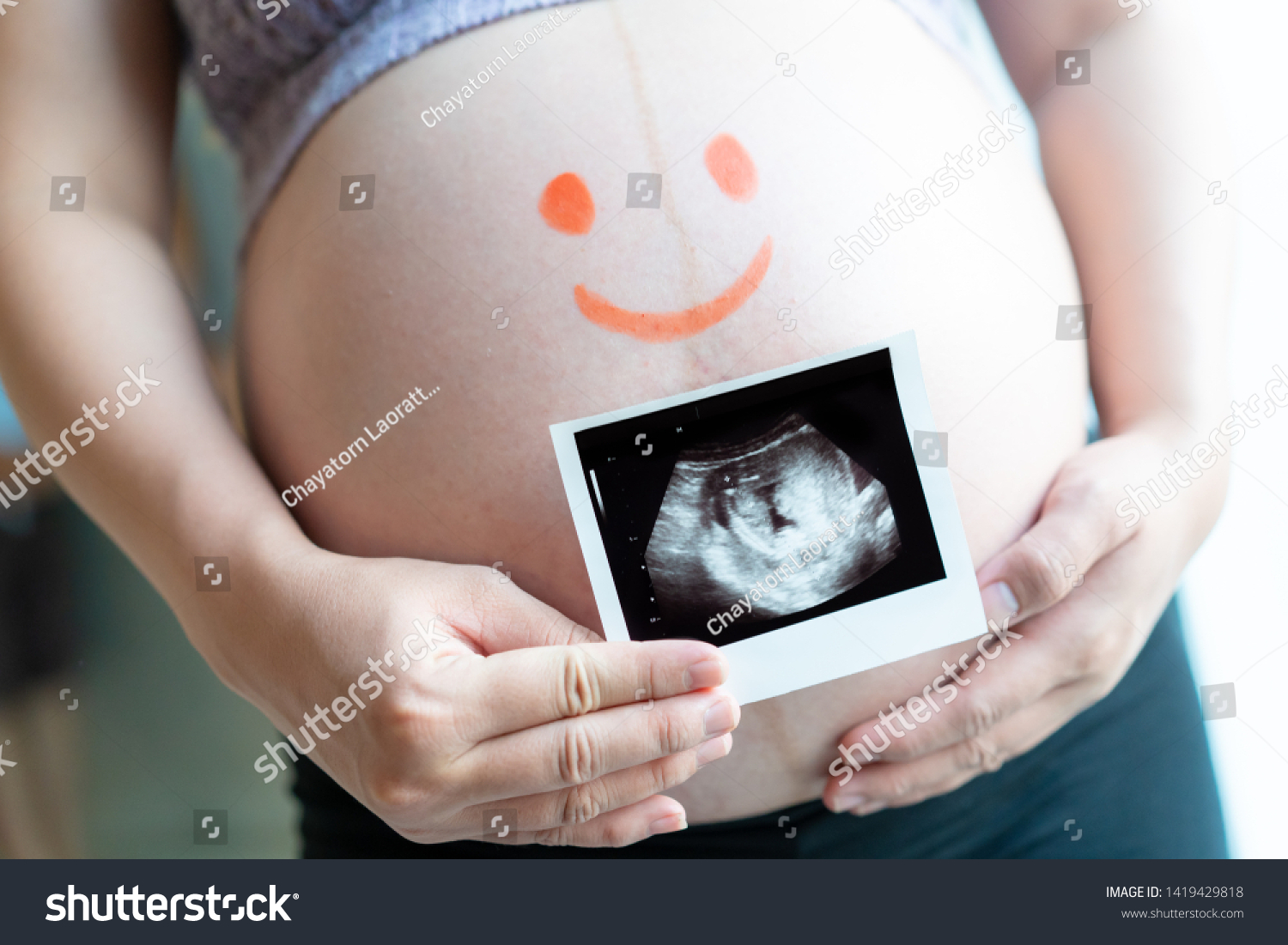 Big Belly Pregnant Woman Holding Ultrasound Stock Photo 1419429818