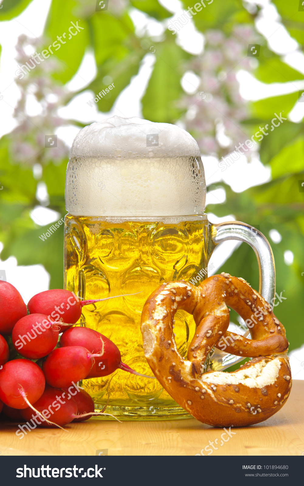 Big Glass Of German Bavarian Beer At Munich Octoberfest With Radish And ...