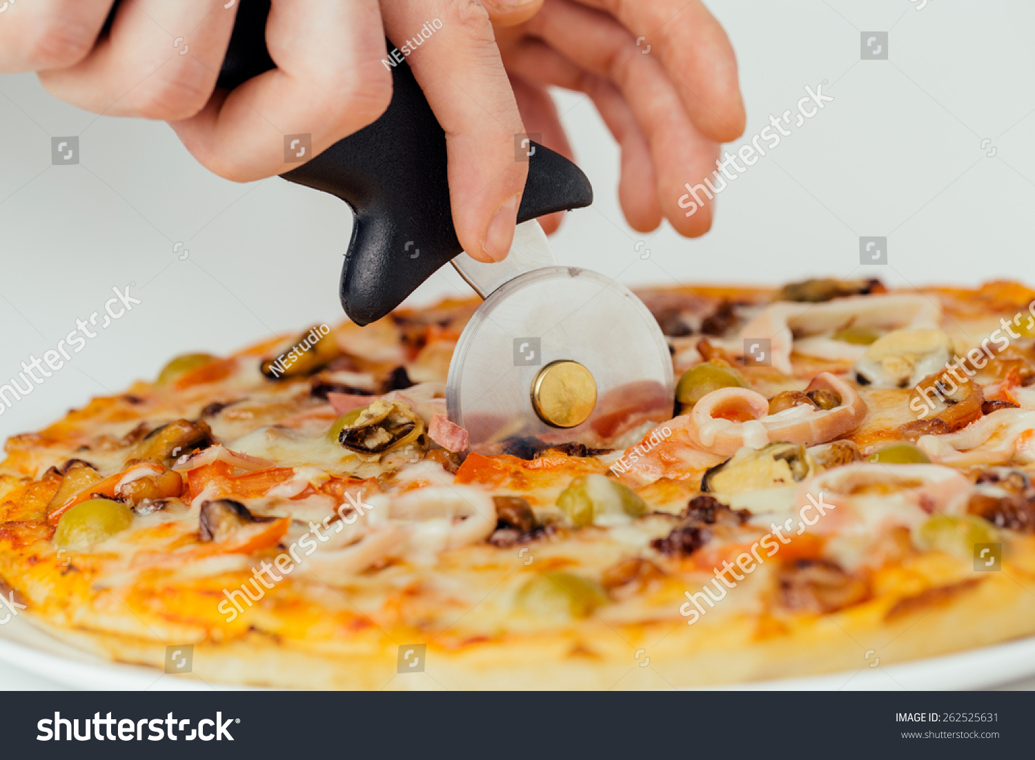 Big Pizza Being Cut By Cutter Stock Photo Edit Now