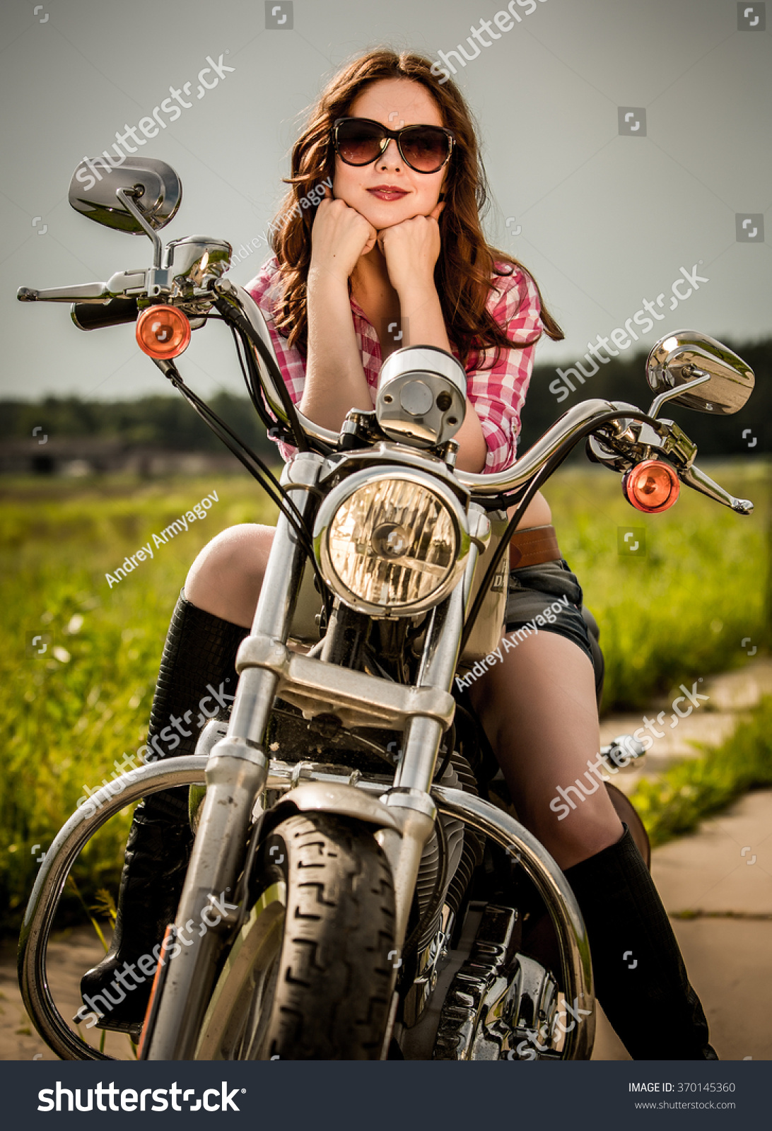 Biker Girl Sunglasses Sitting On Motorcycle Stock Photo 370145360 ...