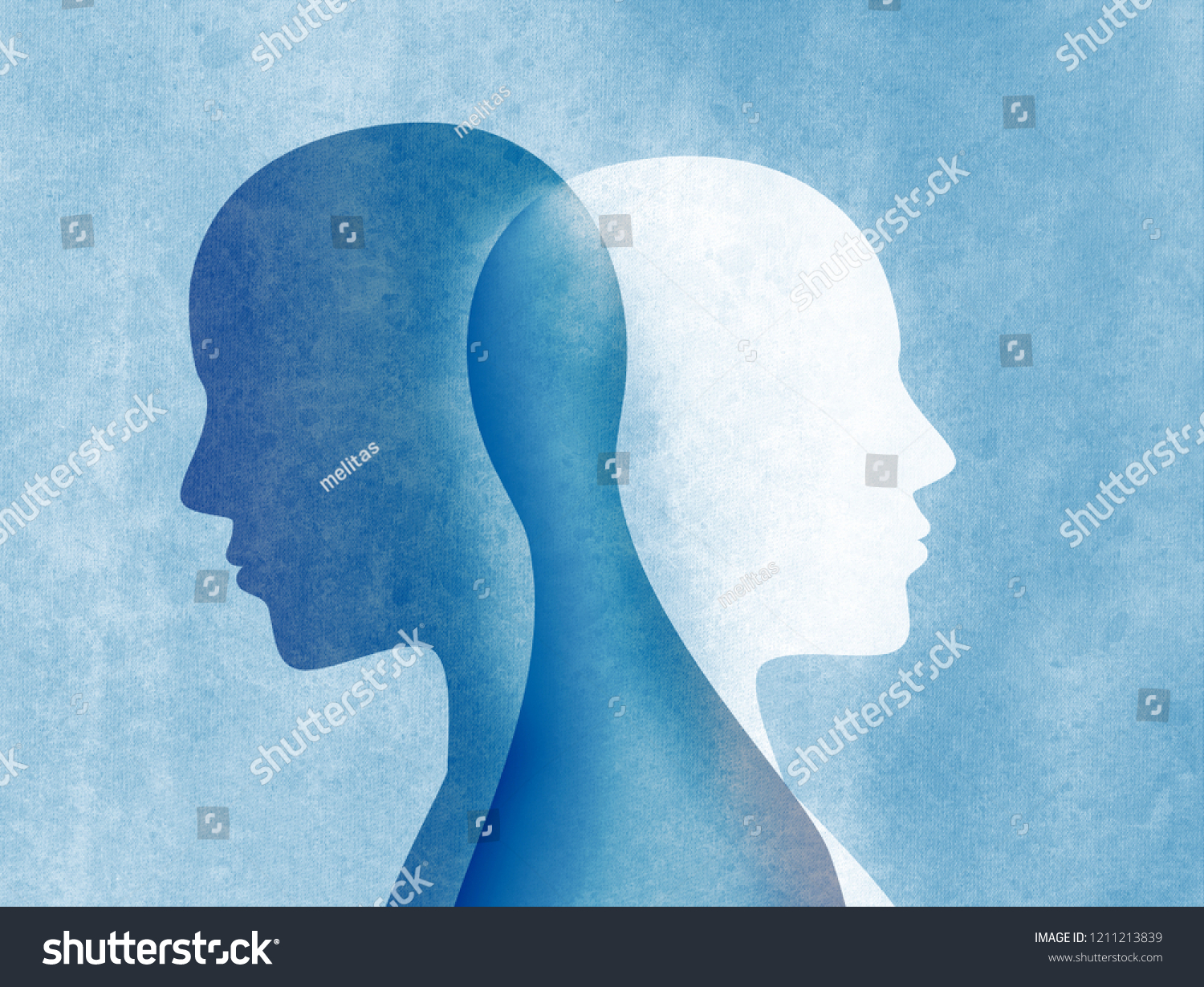 躁鬱病です 個性が分かれる 気分障害 二重人格のコンセプト 青の背景にシルエット のイラスト素材