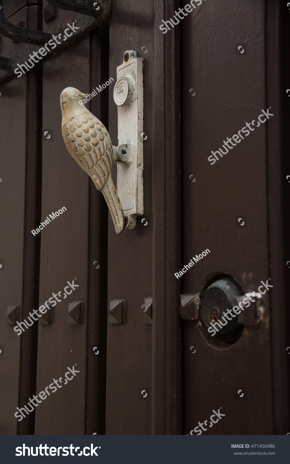 Bird Door Knocker On Wooden Door の写真素材 今すぐ編集