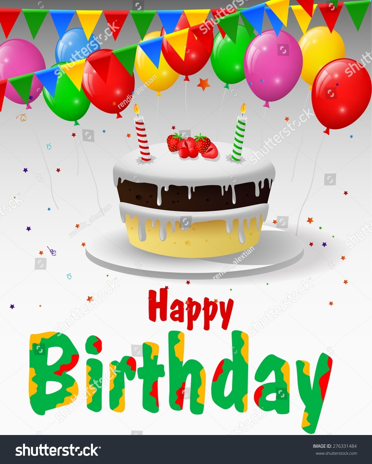 Birthday Cake Balloons Confetti Stock Illustration