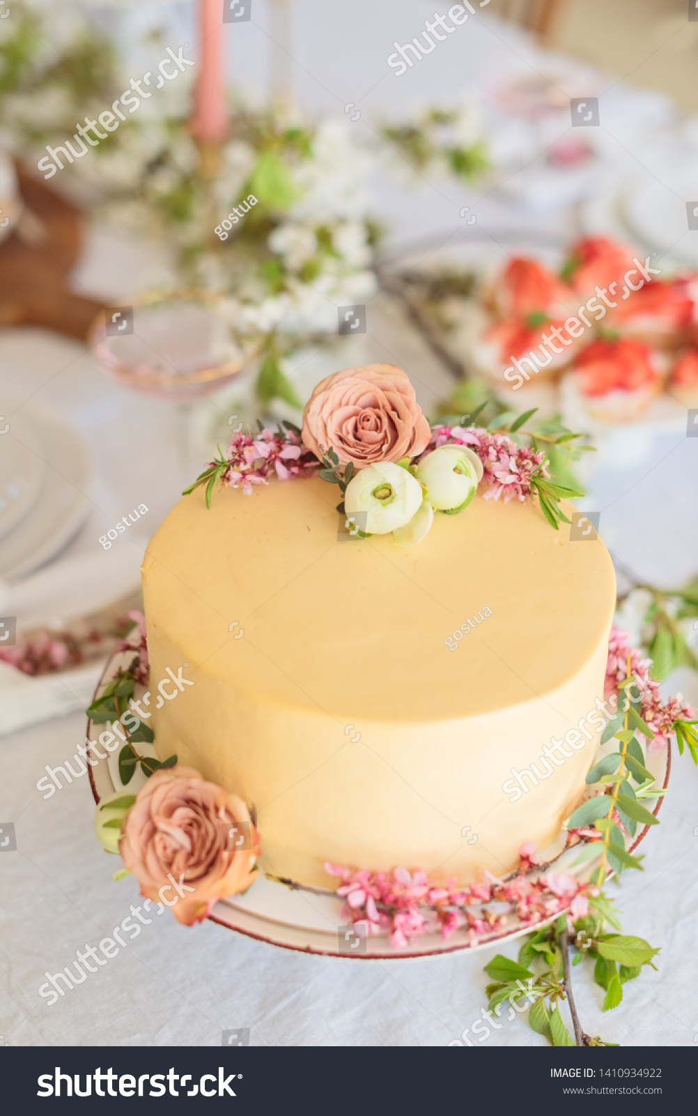 Birthday Cake Fresh Flowers On Table Stock Photo Edit Now 1410934922