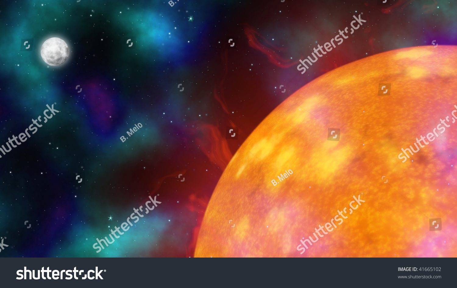 Bitmap Illustration Of Cosmic Space With Sun, Moon And Stars - 41665102 ...