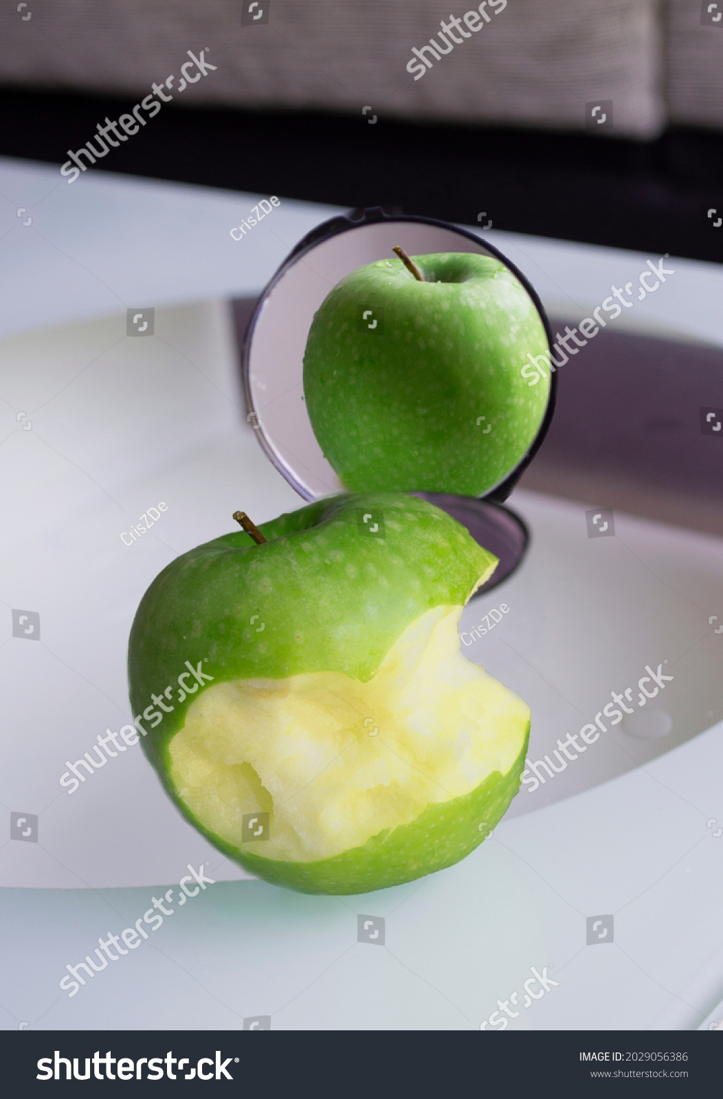 Bitten Apple Mirror Reflected Complete Concept Stock Photo 2029056386