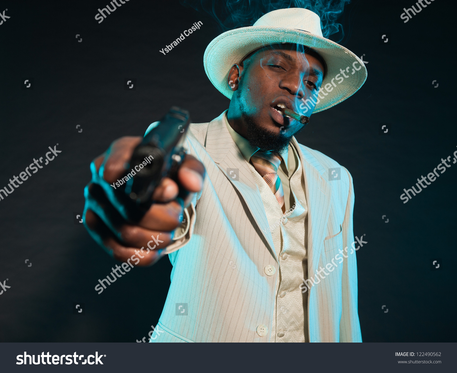 Black American Mafia Gangster Man In Suit With Pistol. Stock Photo ...