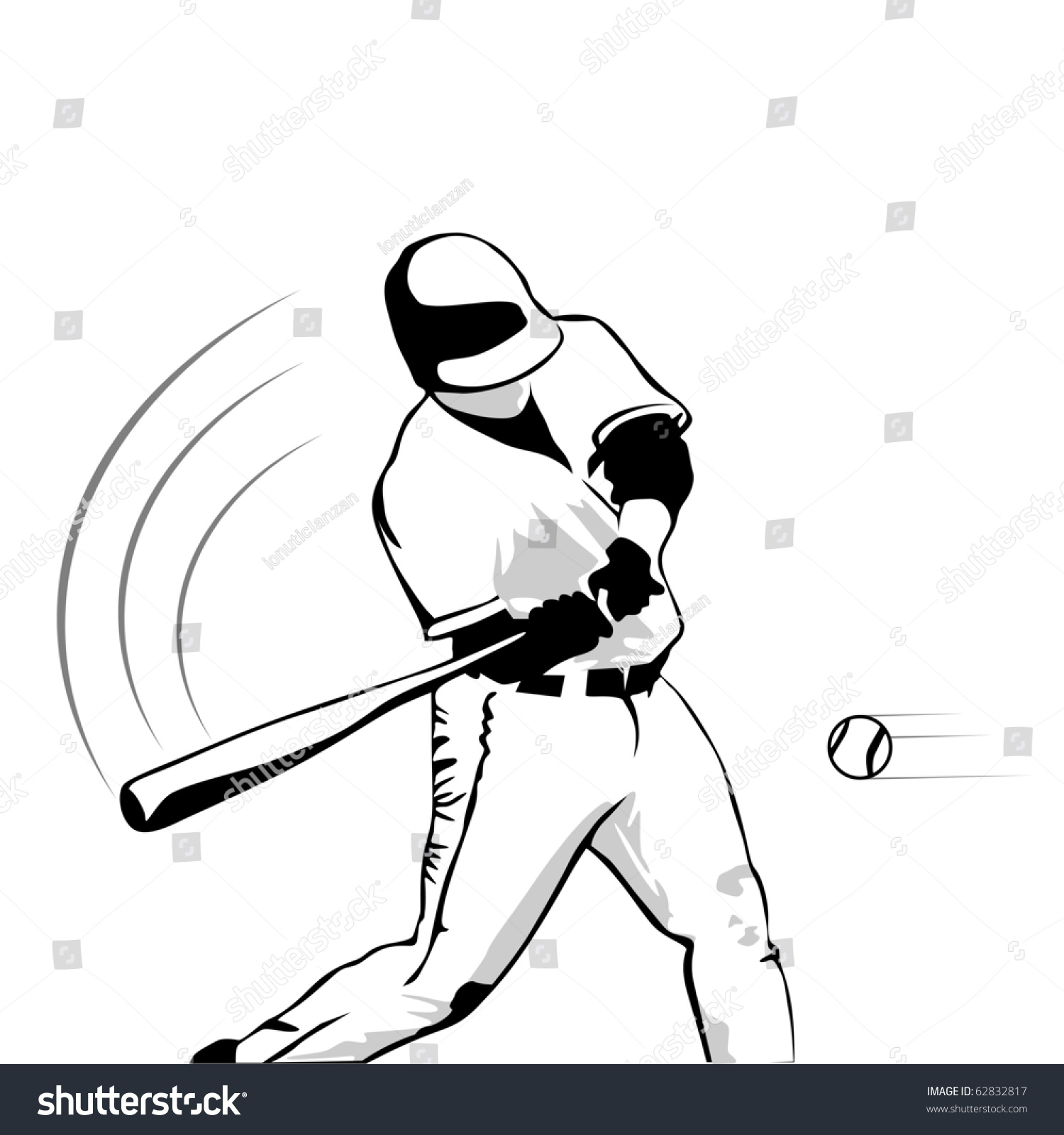 Black White Baseball Player Striking Ball Stock Illustration 62832817 ...