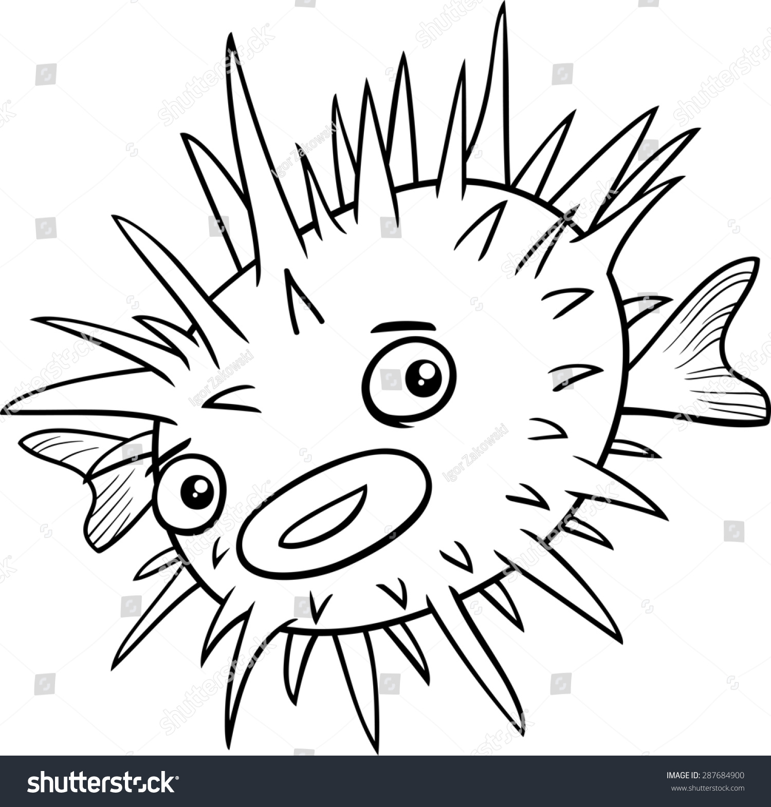 Black And White Cartoon Illustration Of Funny Blowfish Fish Sea Animal ...