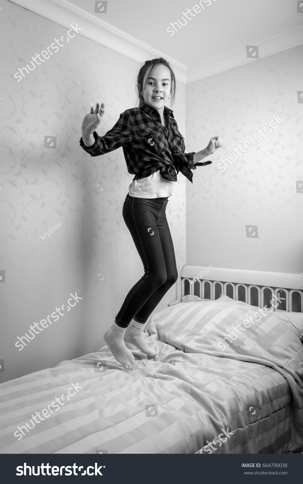 Black White Cheerful Teenage Girl Jumping Stock Photo Edit