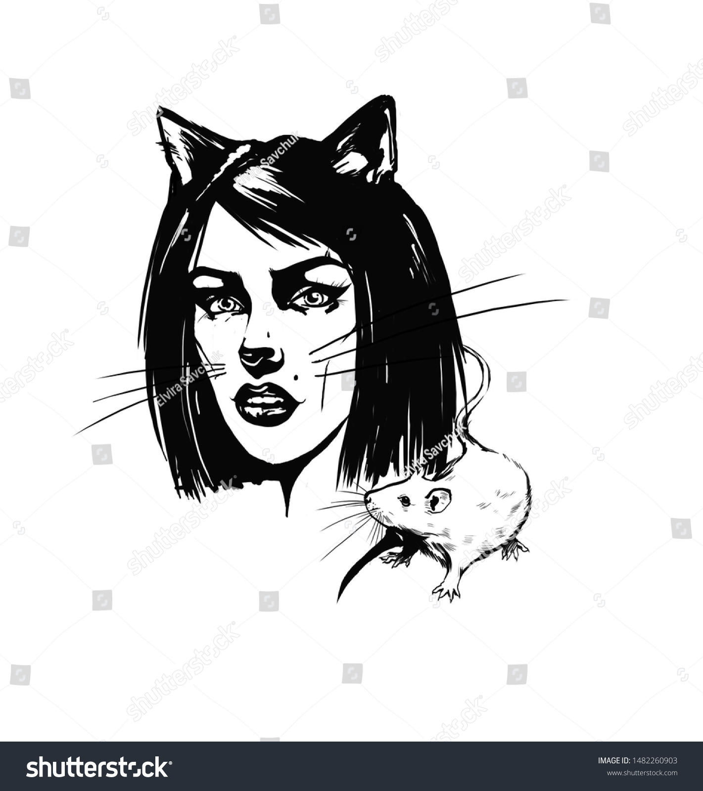 Black White Digital Drawing Tattoo Sketch Stock Illustration