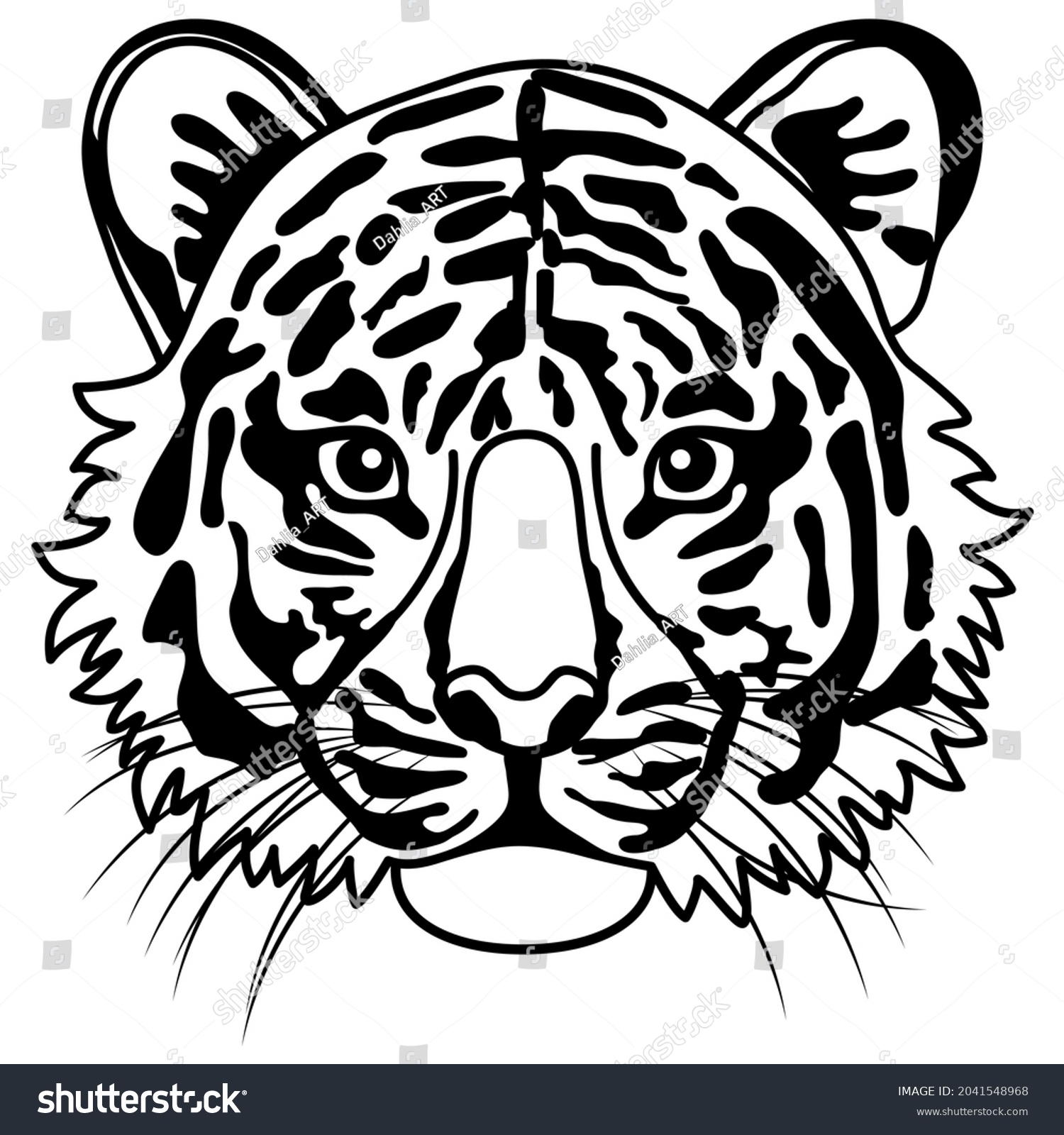 Black White Illustration Tigers Face Facing Stock Illustration 2041548968