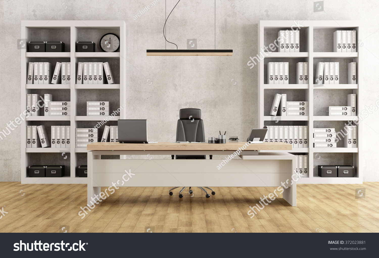 black white minimalist office desk bookcase stock illustration