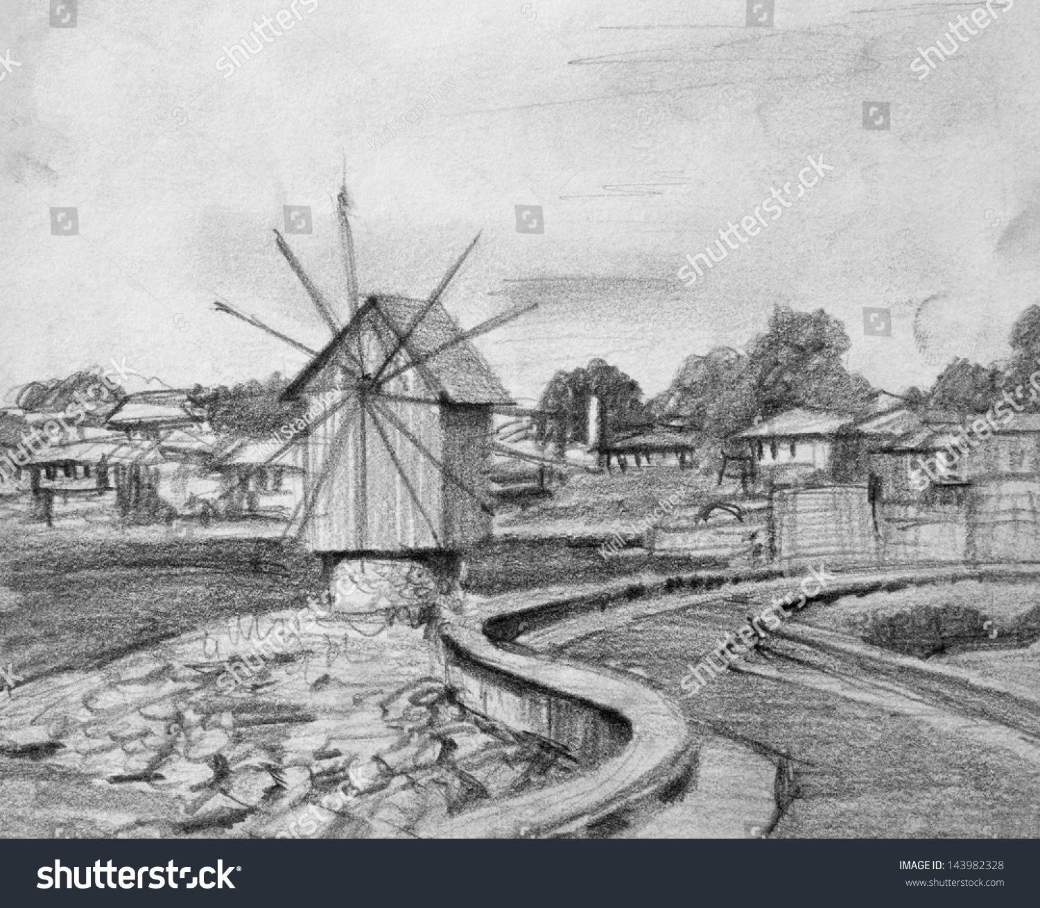 Black White Pencil Drawing Old Windmill: Stockillustration 143982328