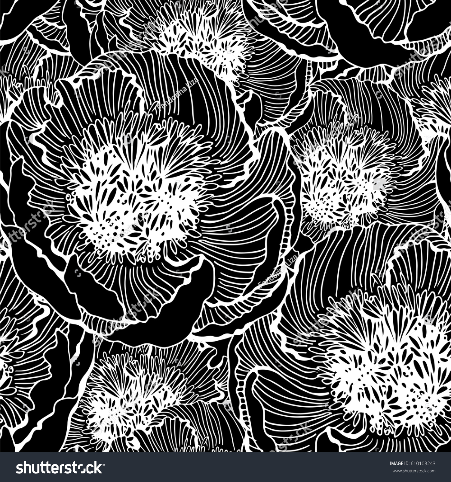 Black White Seamless Pattern Graphic Flowers Stock Illustration Black and white seamless pattern with graphic flowers floral illustration background textile decor and