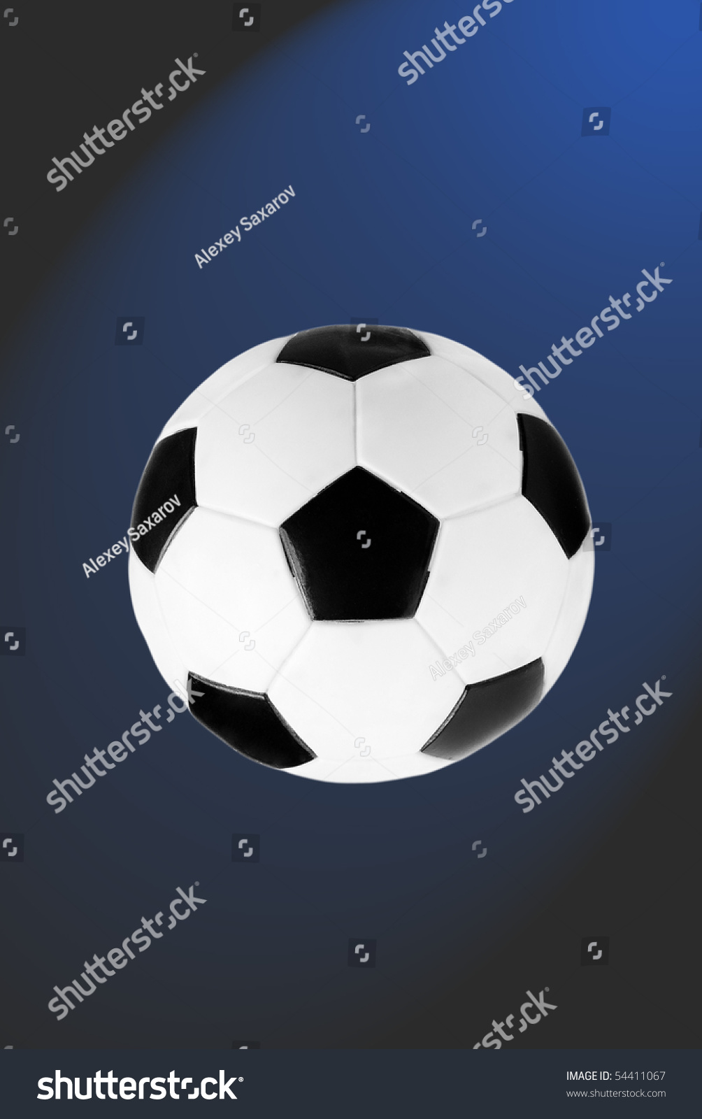 Black and white soccer ball isolated on the blue and grey gradient background
