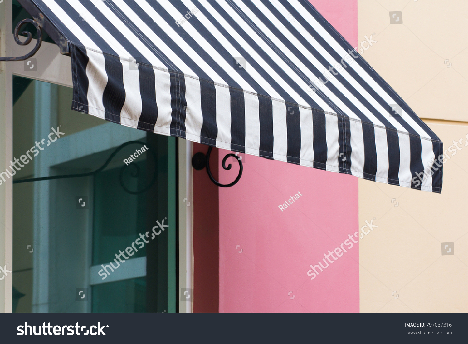 Black White Striped Awning Over Glass Stock Photo Edit Now