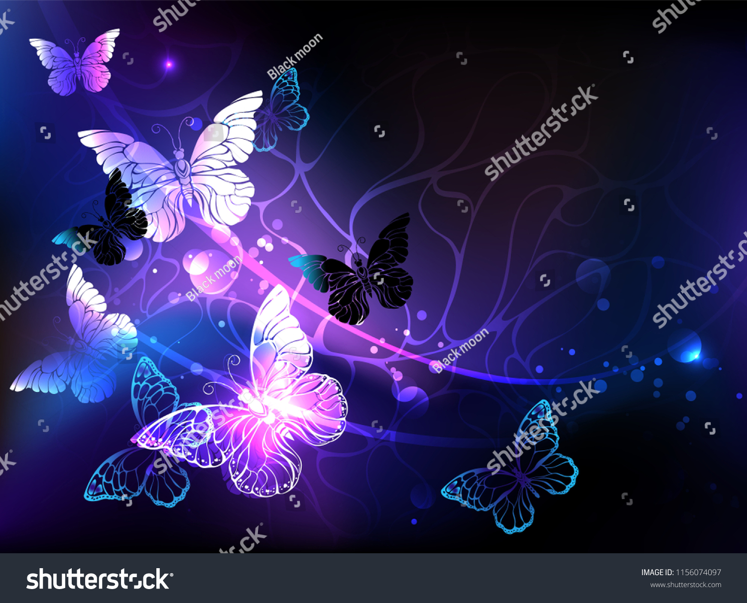 Black Background Glowing Night Butterflies Stock Illustration ...