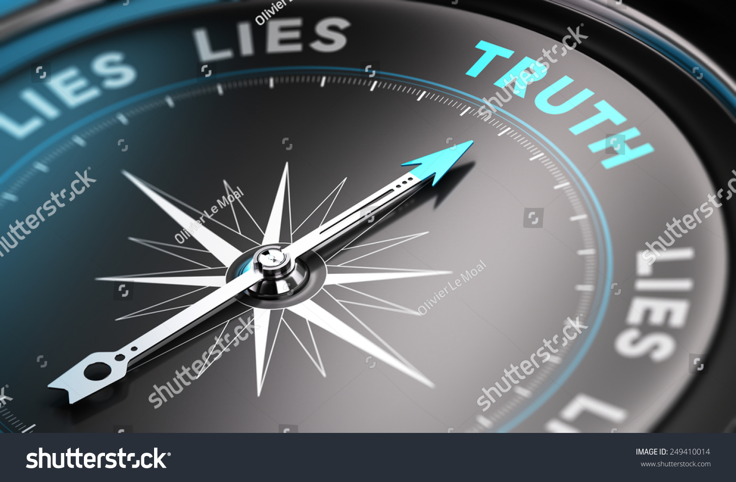 Black compass with needle pointing the word truth. Blue tones. Background image for illustration of solutions concept