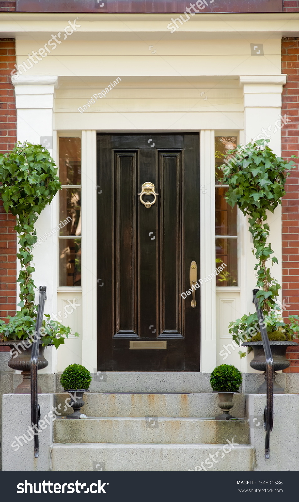 Black Front Door White Portico Greenery Stock Photo (Edit Now) 234801586