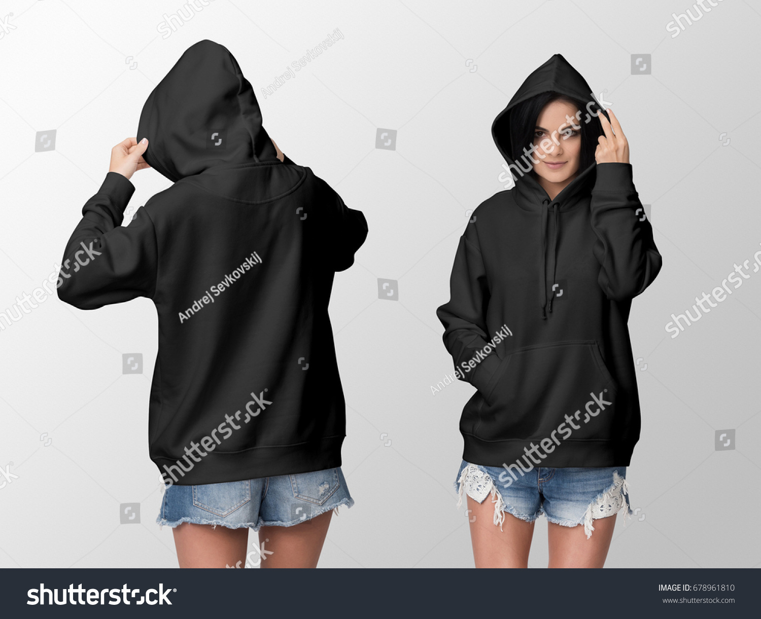 Download Black Hoodie On Young Woman Shorts Stock Photo 678961810 ...