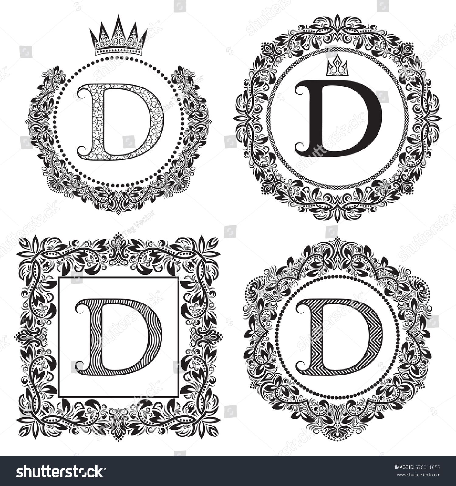 Download Black Letter D Vintage Monograms Set Stock Illustration 676011658