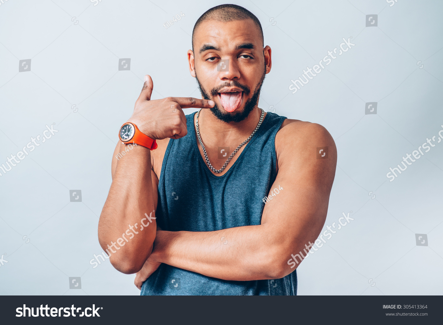 Black Man Points To The Tongue Stock Photo 305413364 : Shutterstock