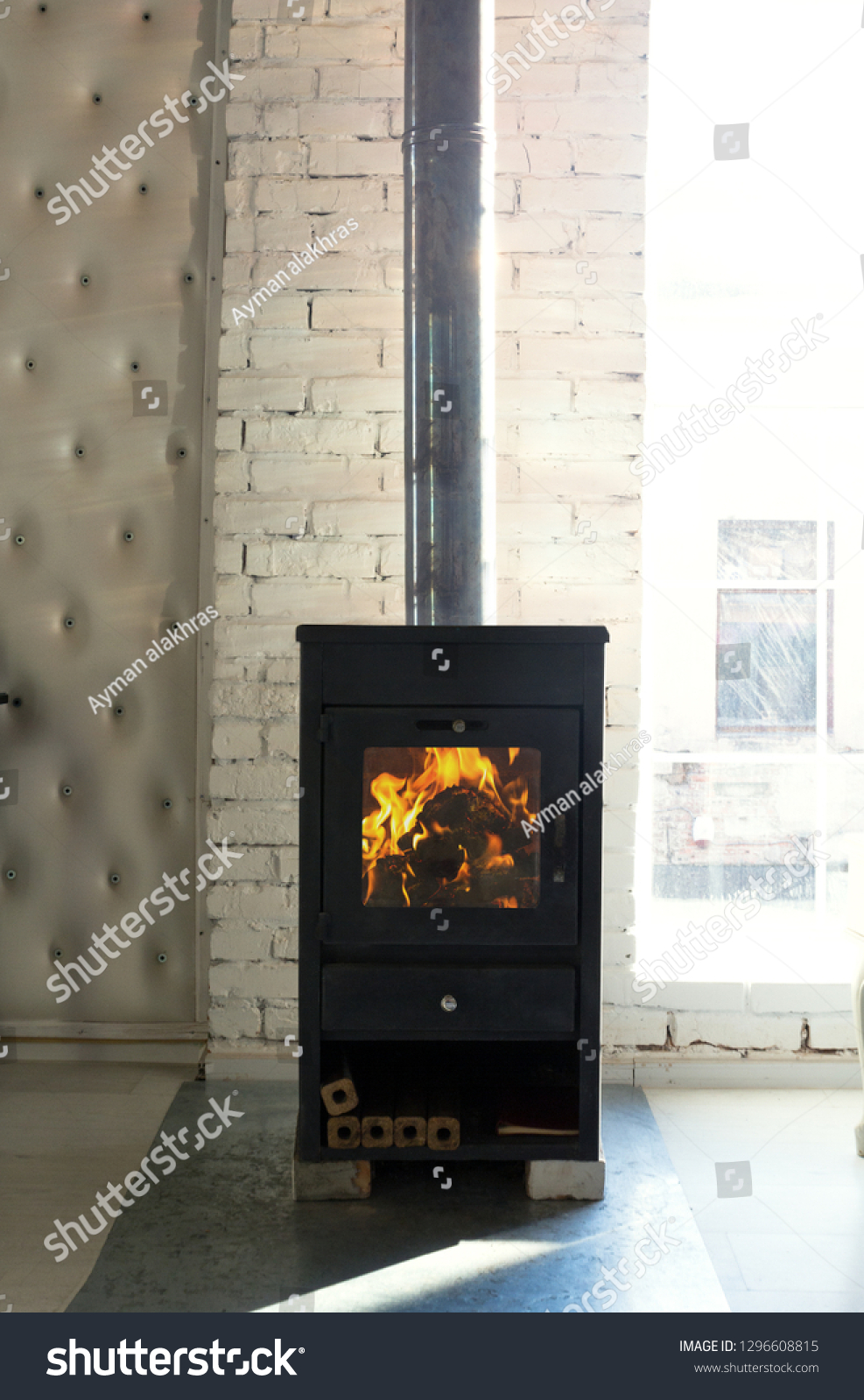 Black Modern Stove Fireplace Sunny Room Stock Photo Edit Now 1296608815