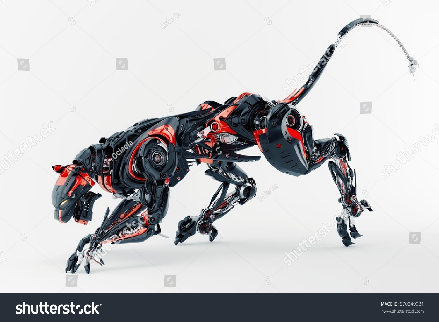 Blackred Robotic Jaguar Cat 3d  Side Stock Illustration 