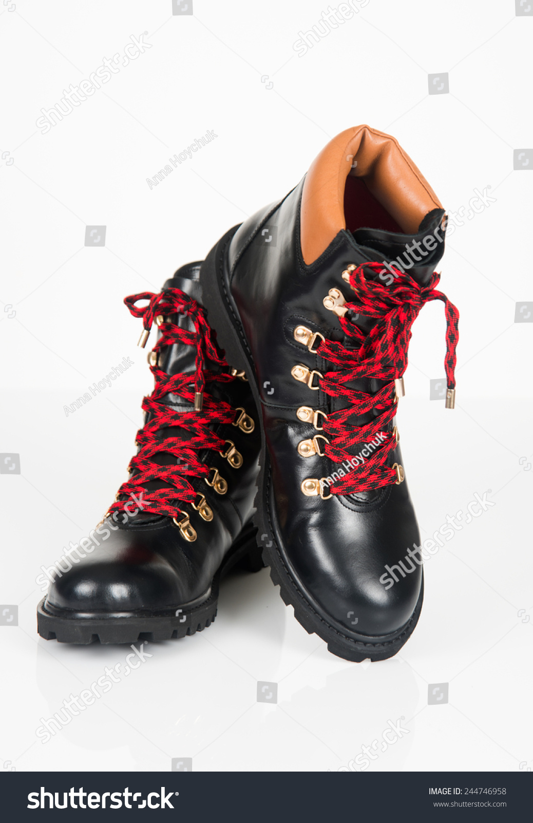 black hiking boots red laces