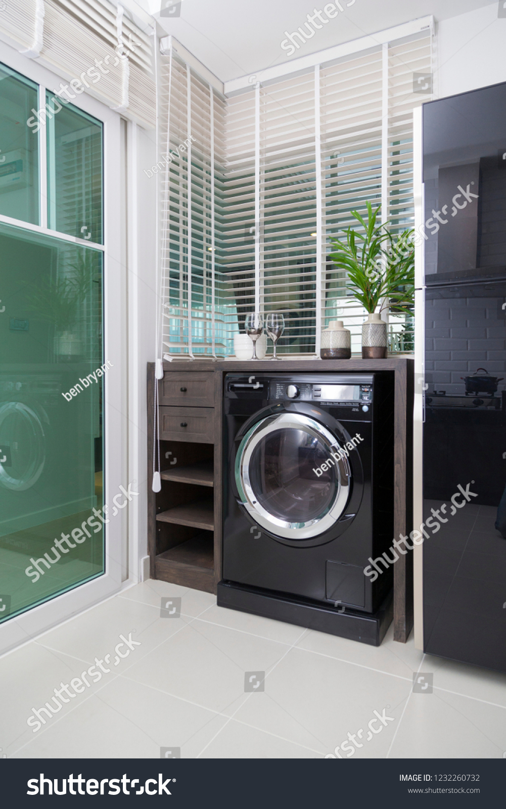 Black Washroom Corner Washing Machines Wooden Stock Photo Edit
