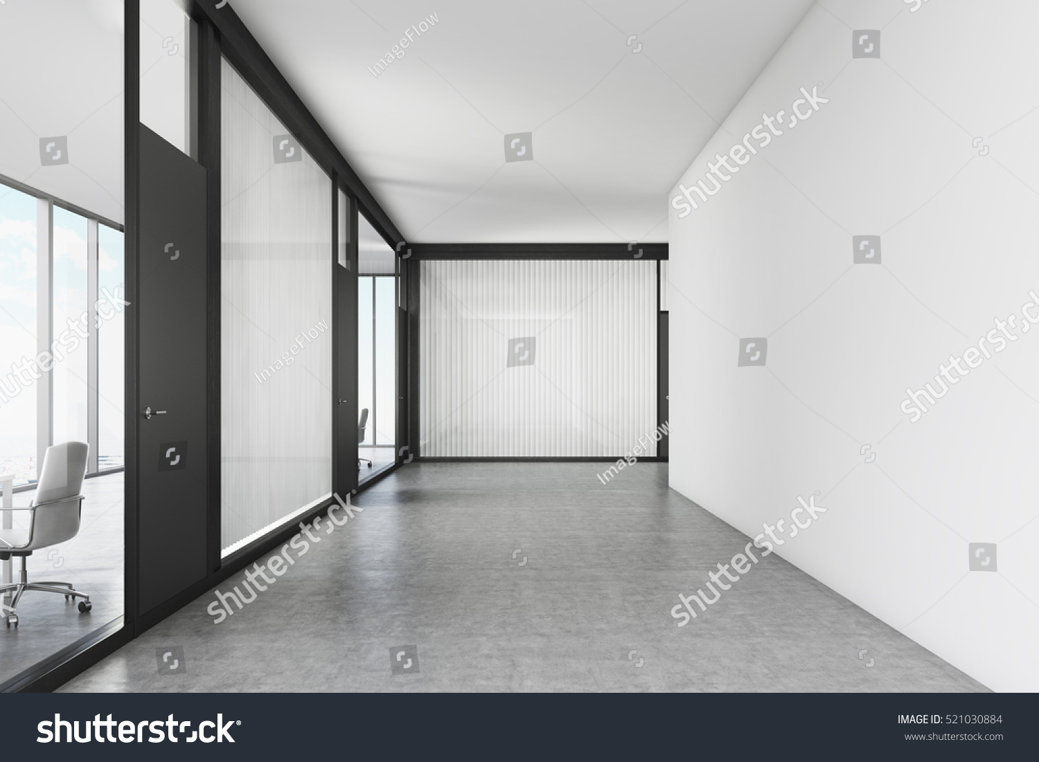白とガラスの壁を持つ空の空のオフィス廊下 黒いドアが会議室に通じている 3dレンダリング モックアップ のイラスト素材