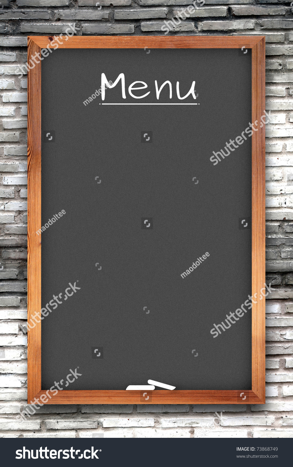 Blank Black Menu Chalkboard On White Brick Wall Stock Photo 73868749 ...