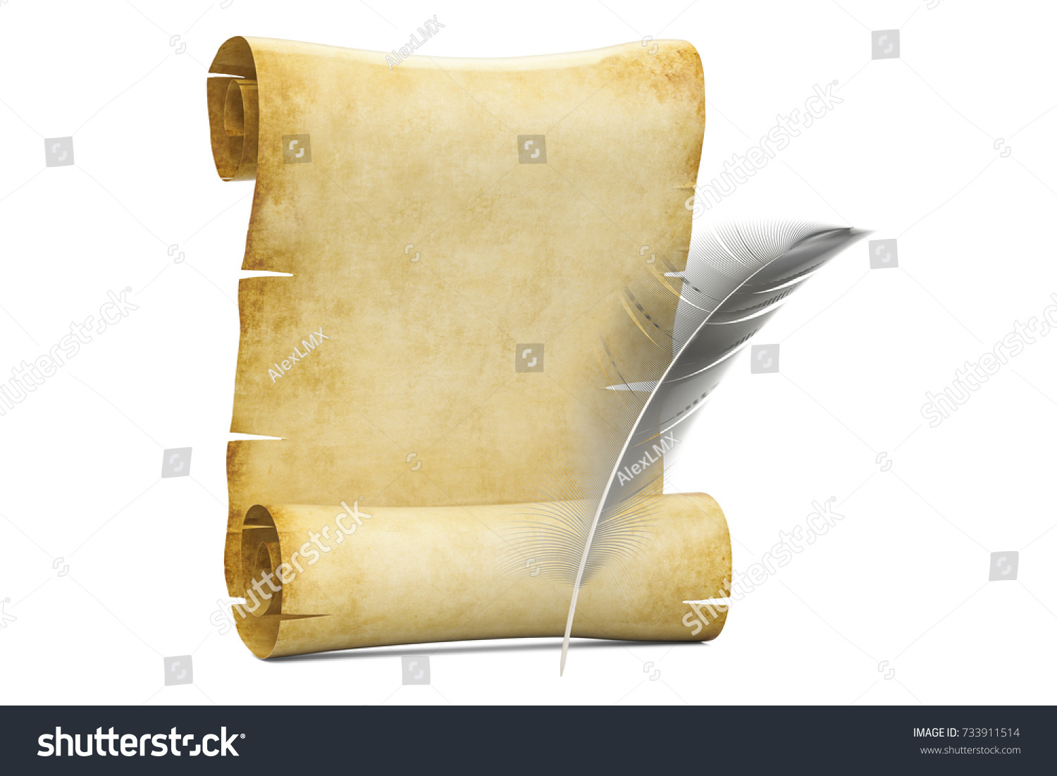 Blank Roll Papyrus Feather 3d Rendering Stock Illustration 733911514