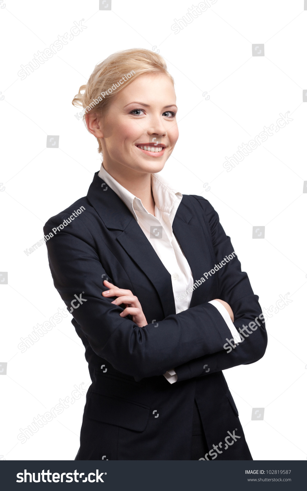 Blonde Business Woman In A Black Suit, Isolated On White Stock Photo ...