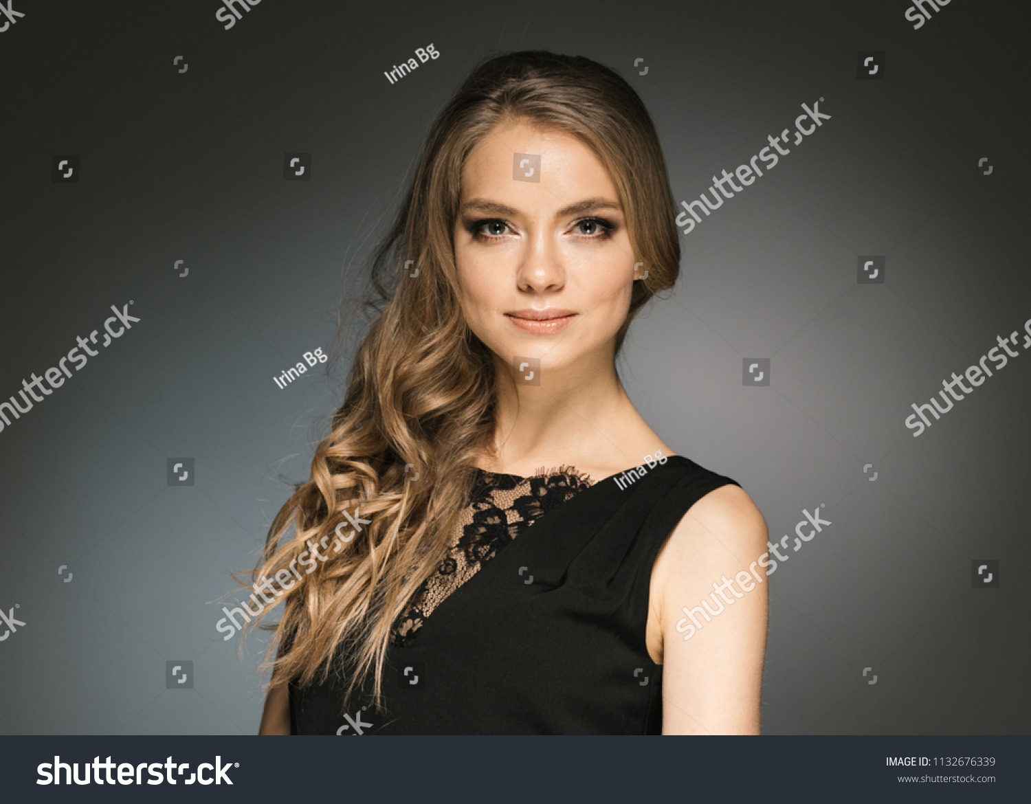 Blonde Curly Hair Woman Black Dress Stock Photo Edit Now