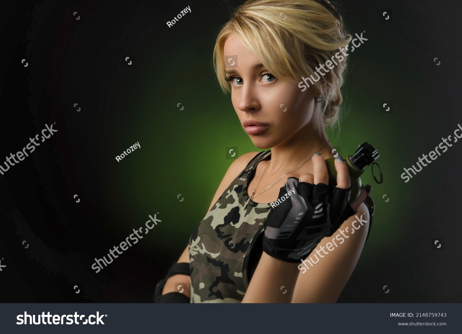 Blonde Girl Military Clothes Grenade Her Stock Photo 2148759743 ...