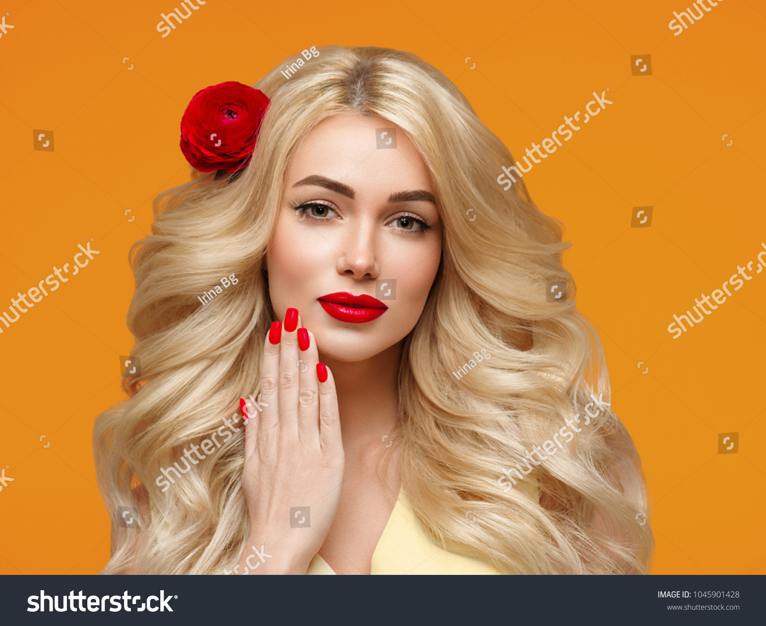 Blonde Hair Woman Manicure Red Nails Stock Photo Edit Now 1045901428