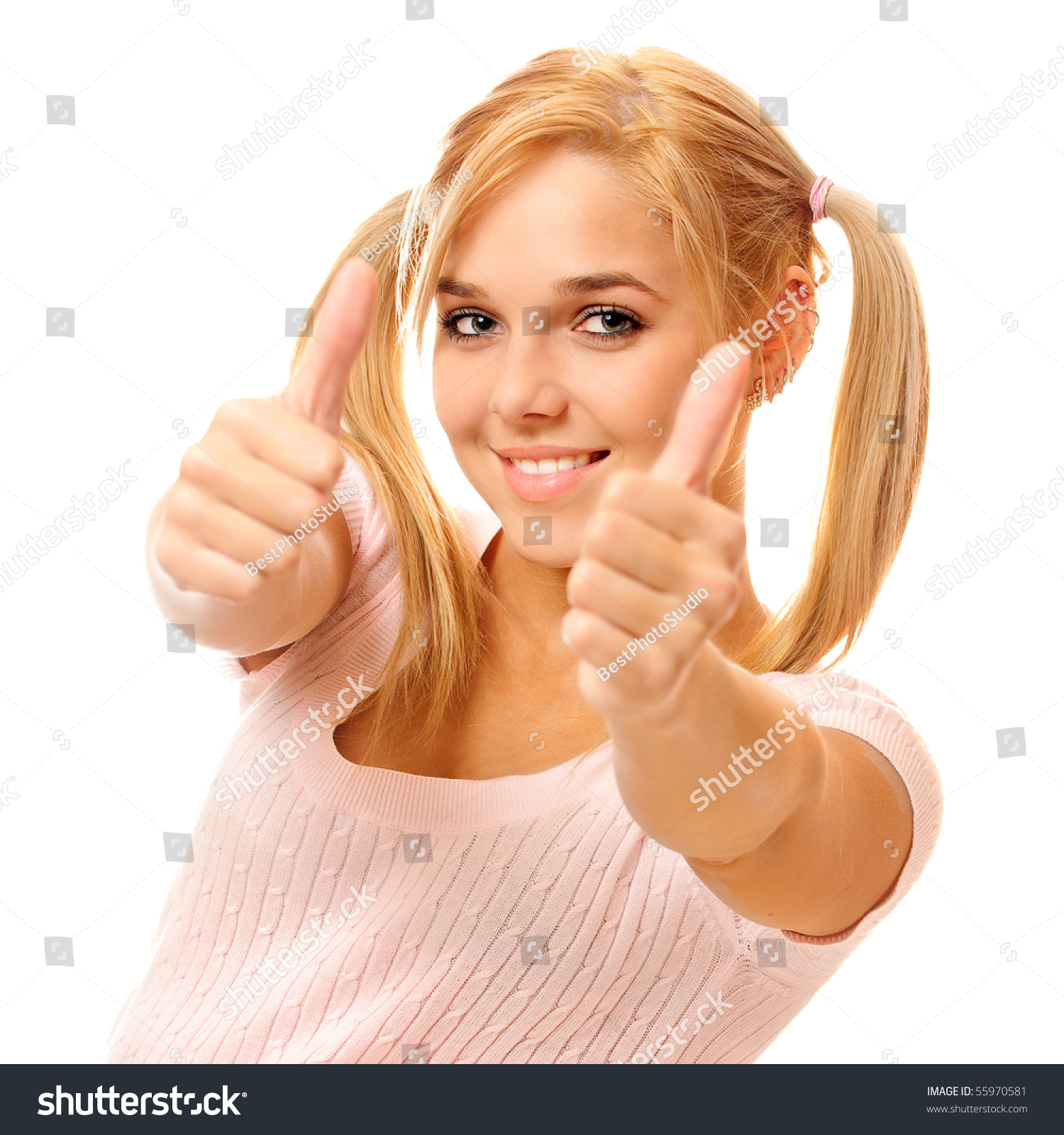 Blonde Has Lifted Big Fingers Hands Stock Photo Edit Now 55970581