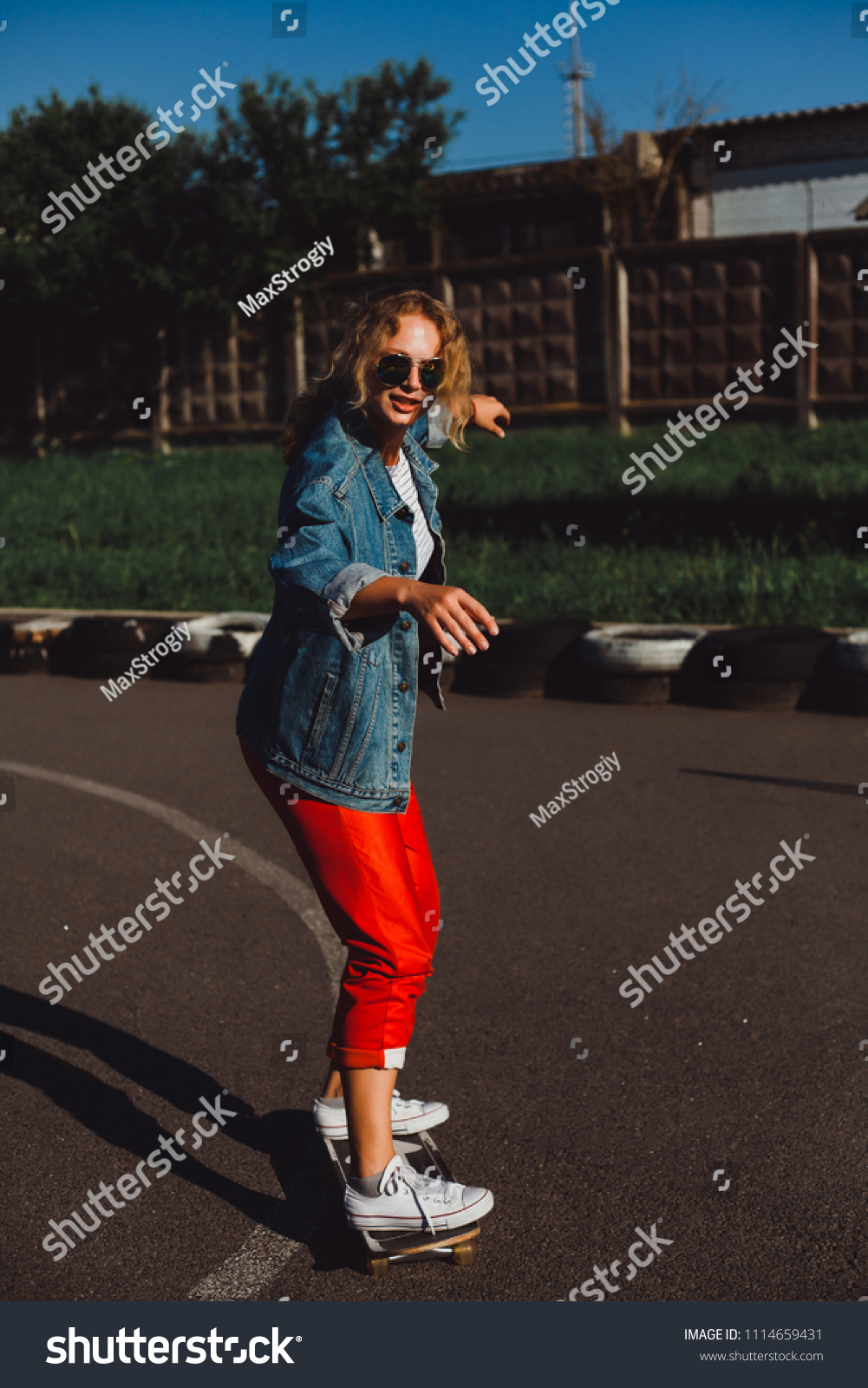 Blonde Sneakers Red Pants Jeans Jacket Stock Photo (Edit Now Blonde Sneakers Red Pants Jeans Jacket Stock Photo (Edit Now