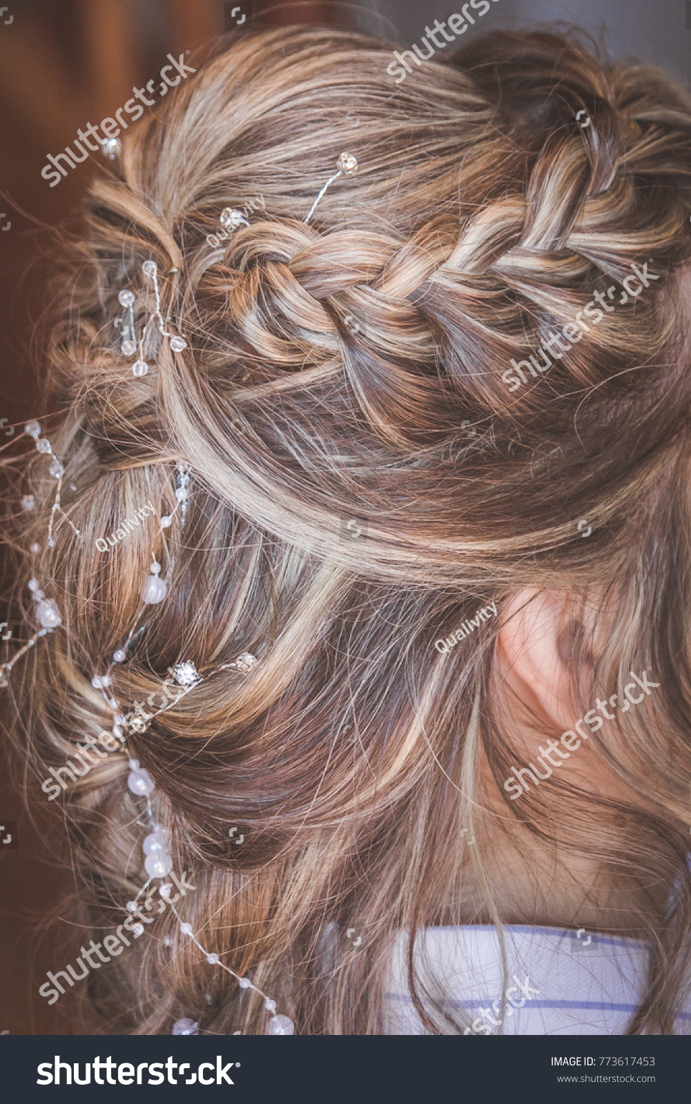 Blonde Woman French Braid Hairstyle Wedding Stock Photo