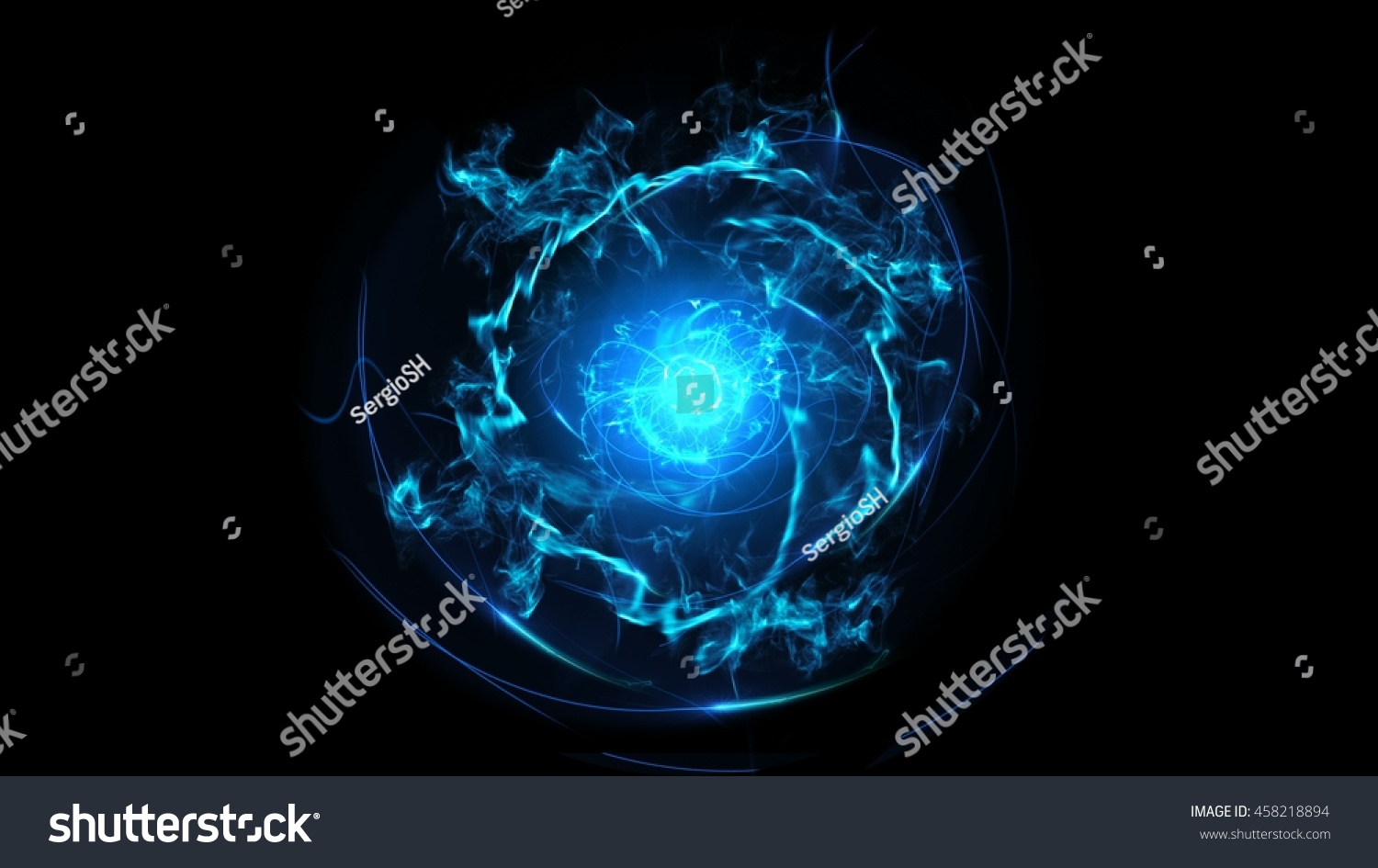 青い抽象的な流れるエネルギー電気 球の線のねじれ 緩和曲線の形 衝撃波が中心から発する 黒い背景に球の形をしたグローライン上4k解像度 のイラスト素材