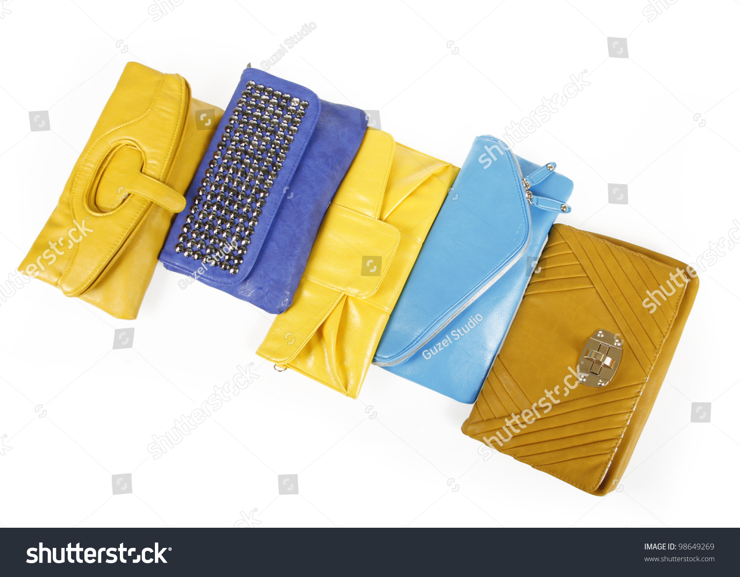 blue and yellow clutch bag