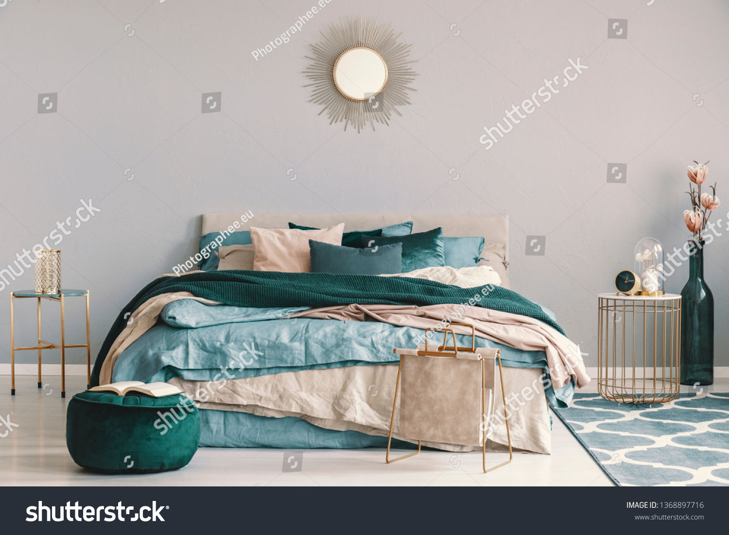 Blue Beige Emerald Green Bedding On Stock Photo Edit Now