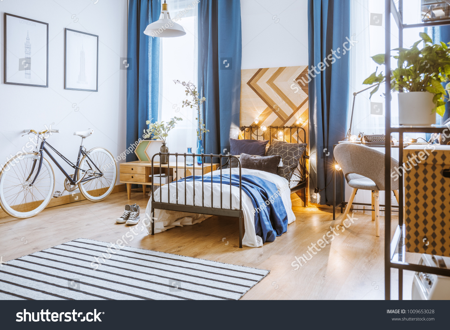 Blue Drapes Bicycle Cozy Bedroom Interior Stock Photo Edit