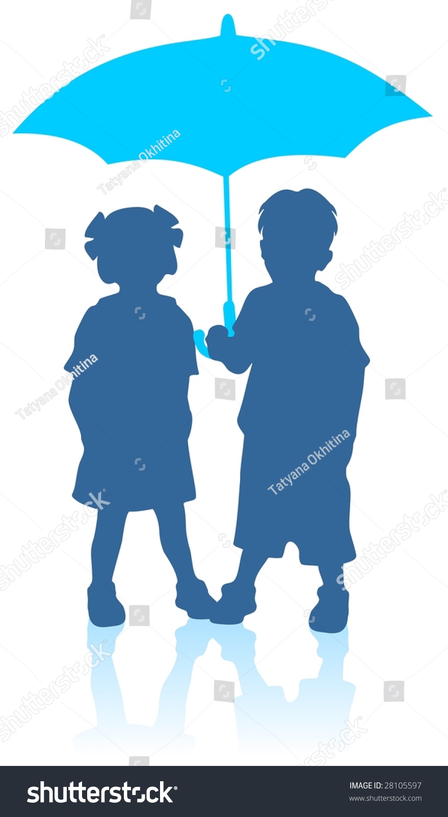 Blue Girl And Boy Silhouettes With Umbrella. Stock Photo 28105597 ...