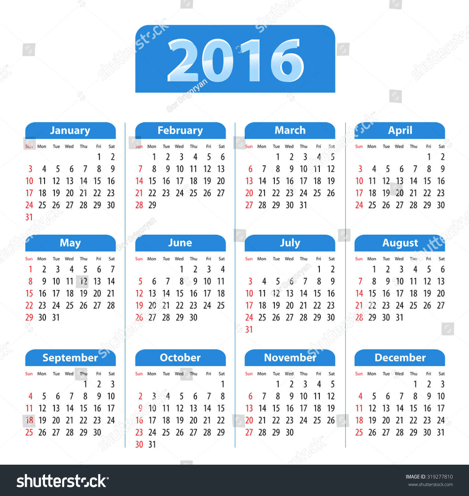 Blue Glossy English Calendar For 2016. Sundays First. Flat Design ...